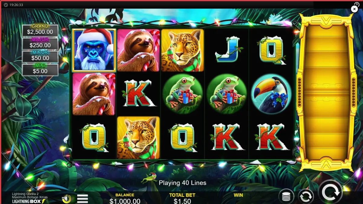 Lightning Gorilla 2 Xmas slot machine interface with festive jungle theme