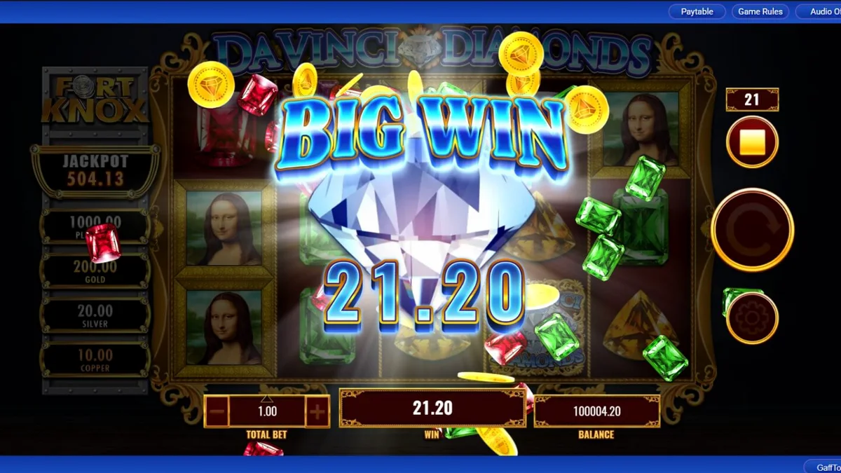 Fort Knox Da Vinci Diamonds slot machine interface with Renaissance art and vault themes
