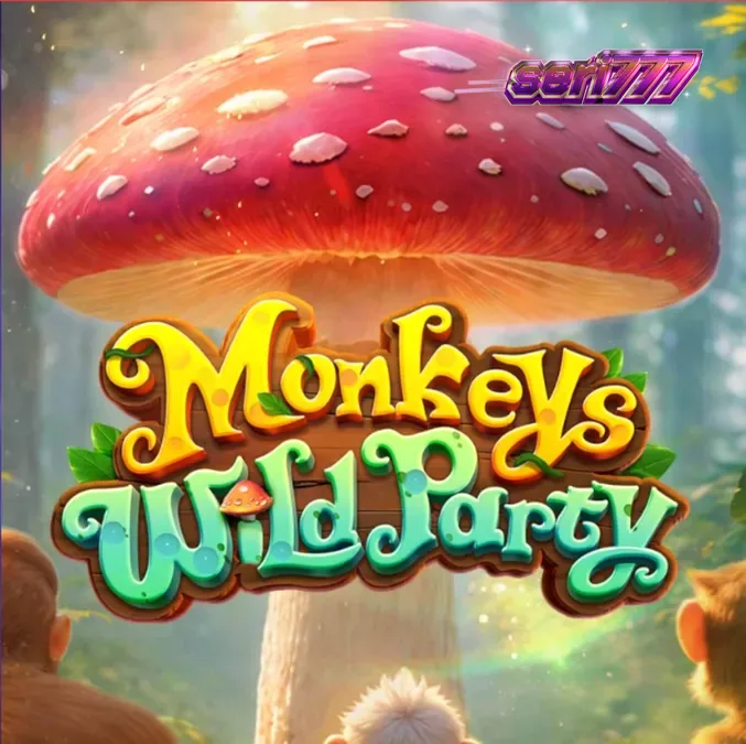 Tampilan visual slot Monkeys Wild Party dengan tema hutan neon dan karakter monyet yang ceria.